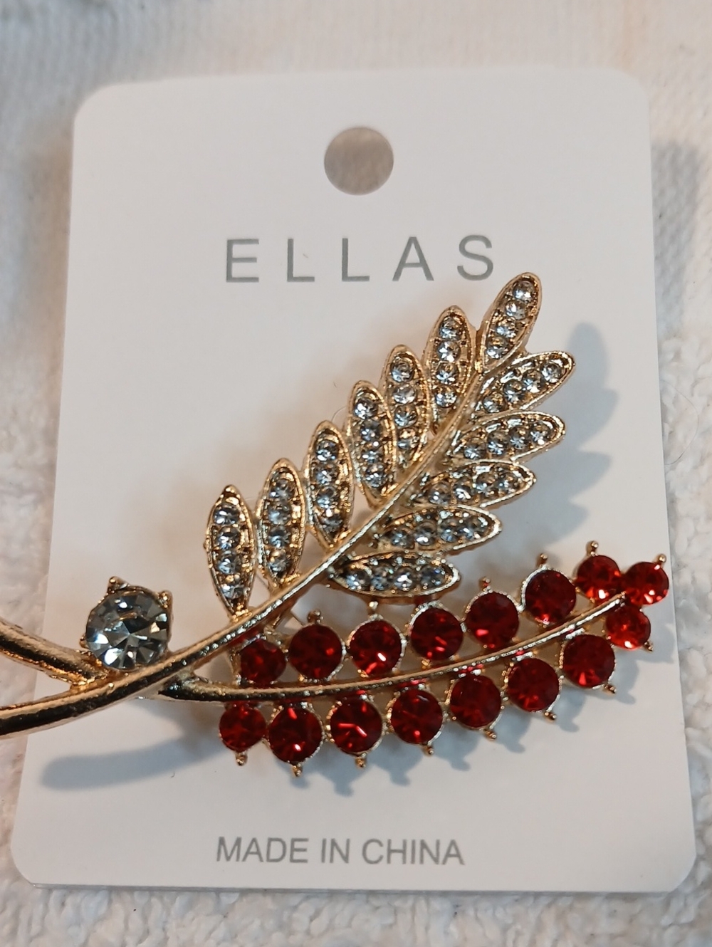 Ellas Gold-Tone Leaf Brooch with Red and Clear Crystals